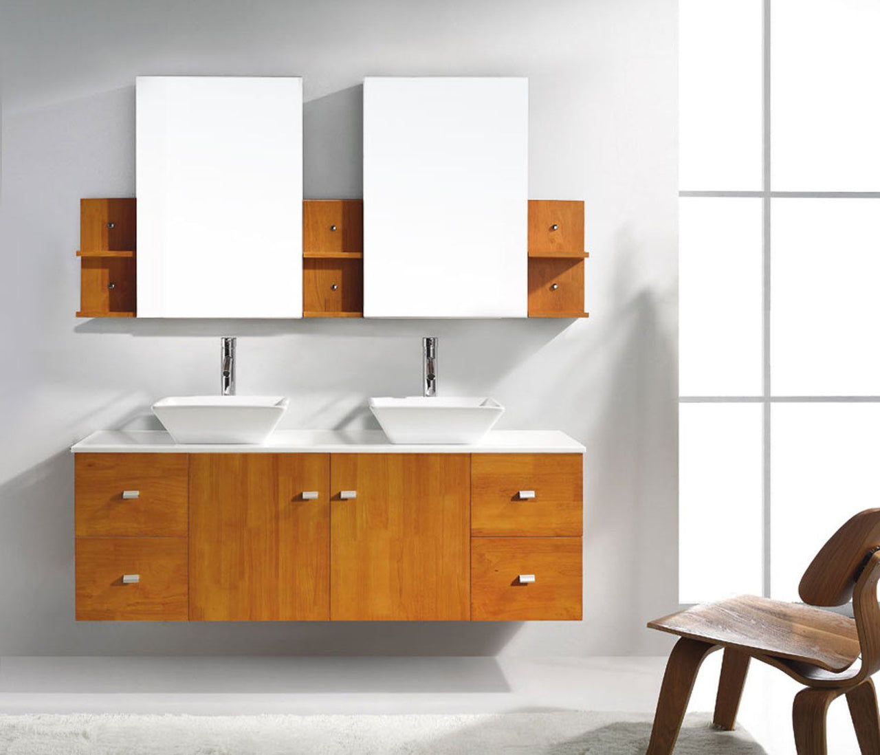 Virtu USA Clarissa 61" Double Square Sink Honey Oak Top Vanity with Polished Chrome Faucet and Mirrors Vanity Virtu USA 