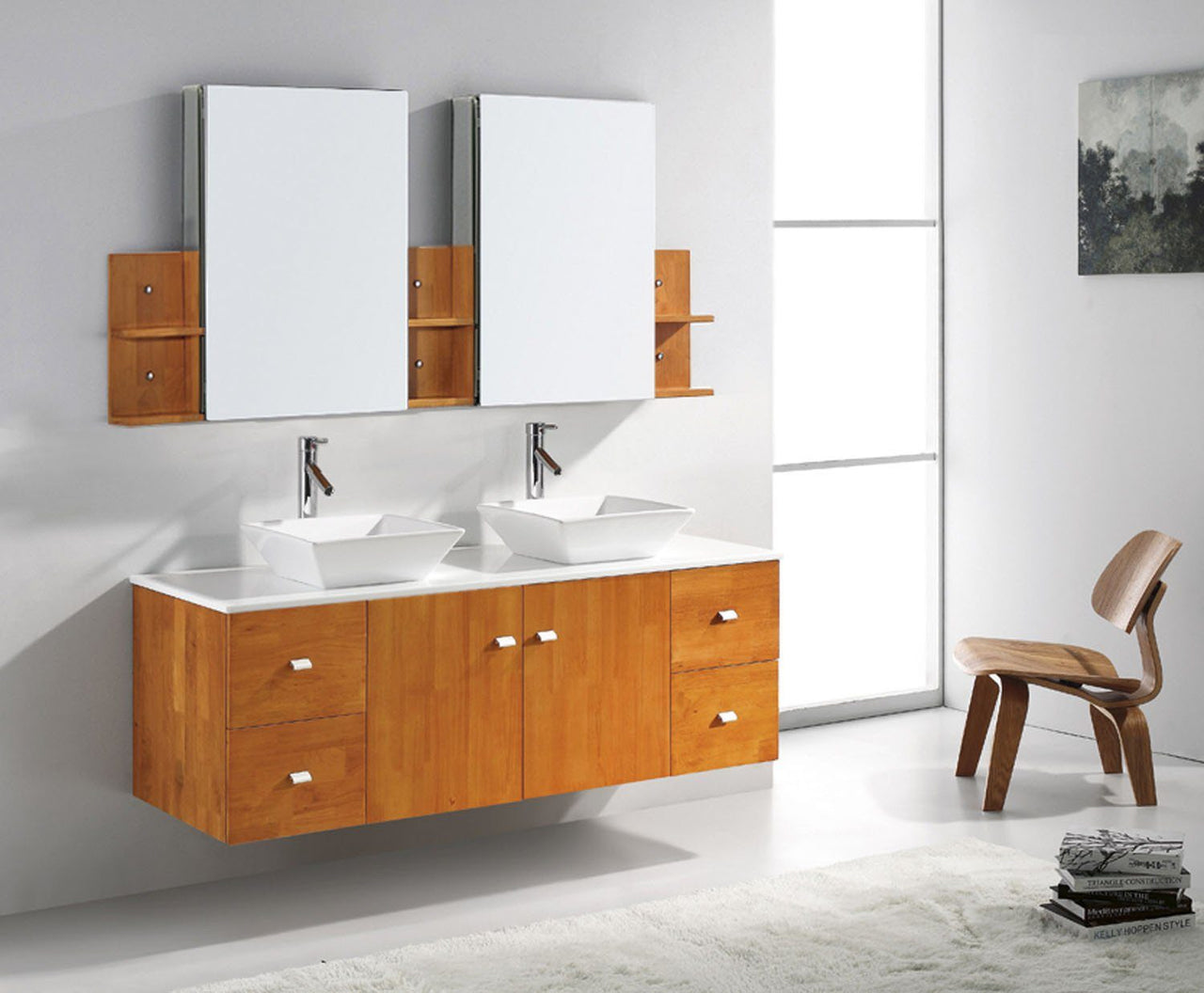 Virtu USA Clarissa 61" Double Square Sink Honey Oak Top Vanity with Polished Chrome Faucet and Mirrors Vanity Virtu USA 