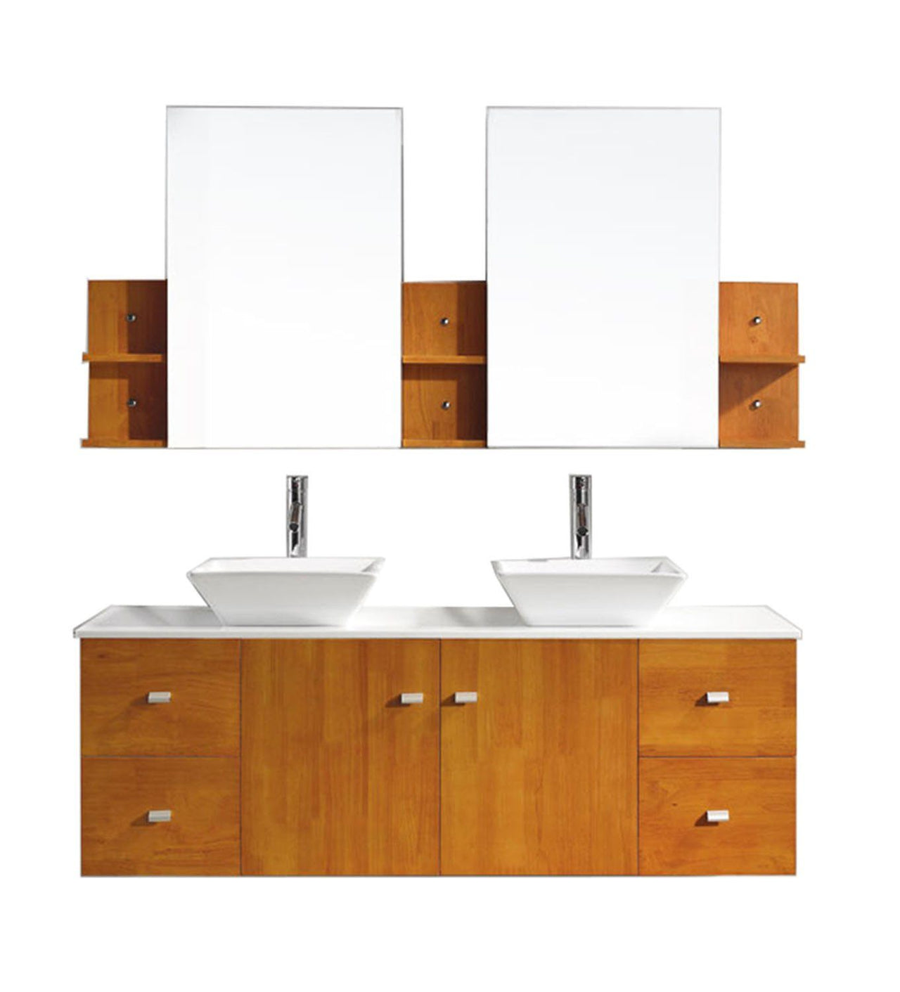 Virtu USA Clarissa 61" Double Square Sink Honey Oak Top Vanity with Polished Chrome Faucet and Mirrors Vanity Virtu USA 