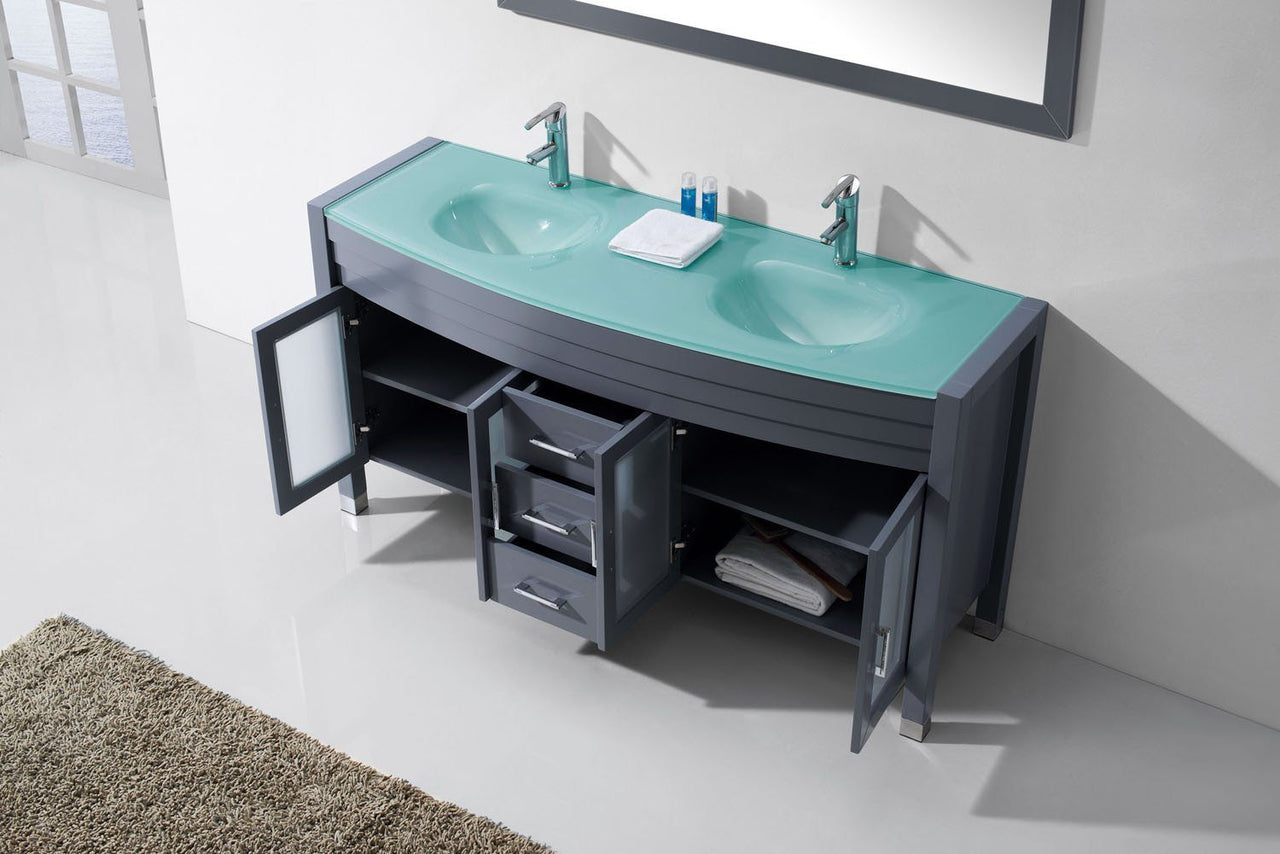 Virtu USA Ava 63" Double Round Sink Grey Top Vanity in Grey with Polished Chrome Faucet and Mirror Vanity Virtu USA 