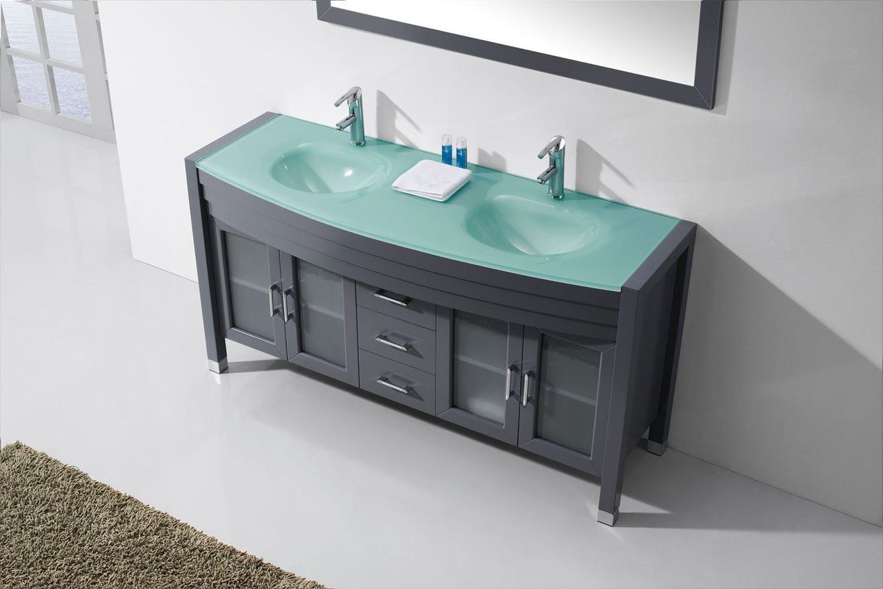 Virtu USA Ava 63" Double Round Sink Grey Top Vanity in Grey with Polished Chrome Faucet and Mirror Vanity Virtu USA 