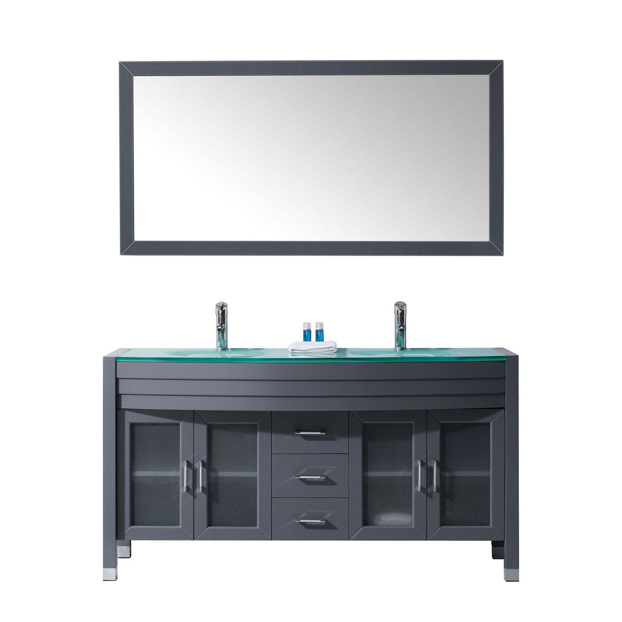 Virtu USA Ava 63" Double Round Sink Grey Top Vanity in Grey with Polished Chrome Faucet and Mirror Vanity Virtu USA 