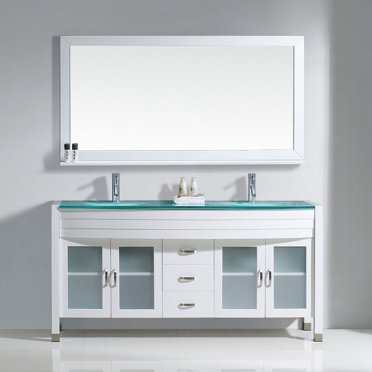 Virtu USA Ava 63" Double Round Sink White Top Vanity in White with Brushed Nickel Faucet and Mirror Vanity Virtu USA 