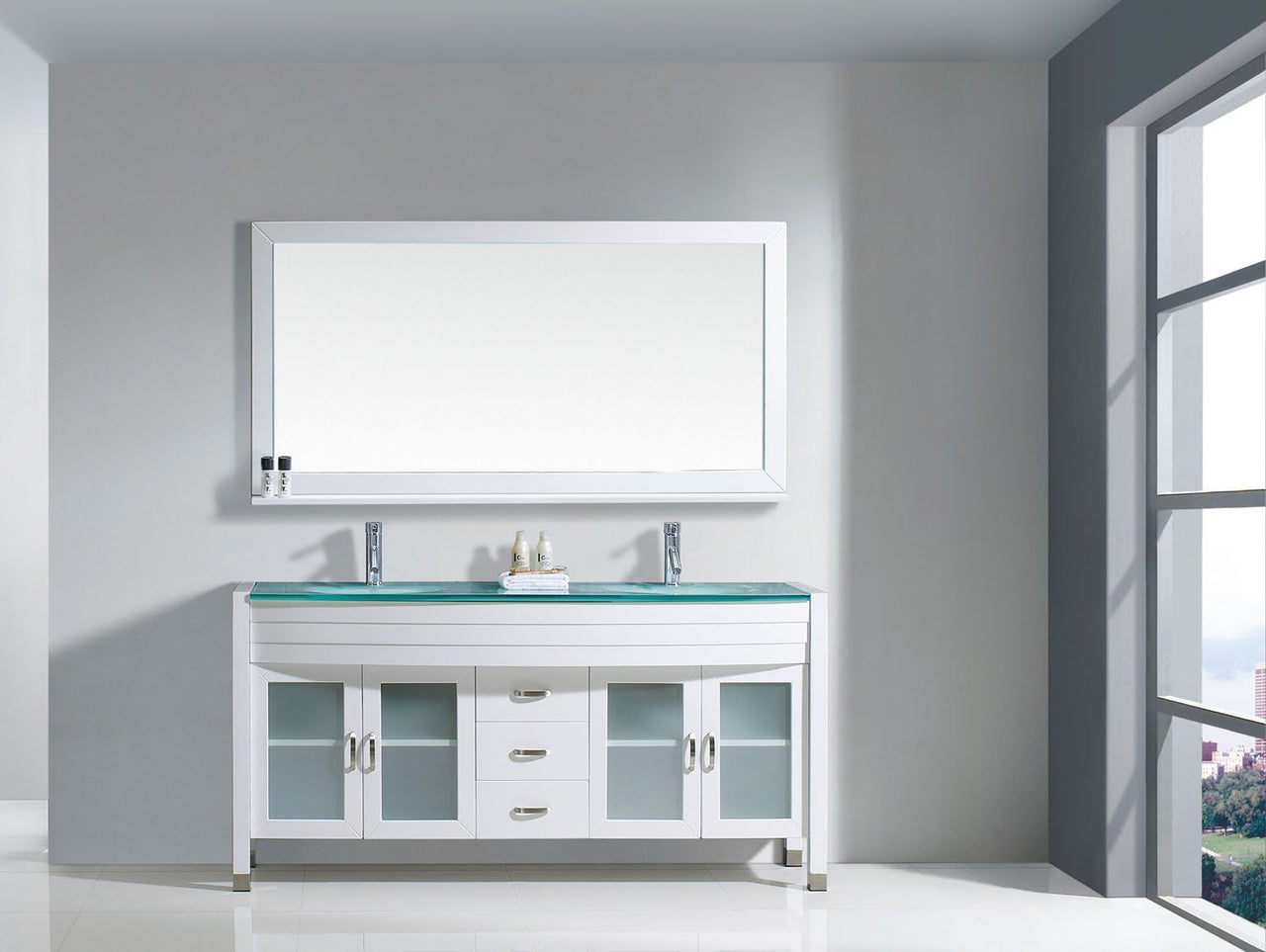 Virtu USA Ava 63" Double Round Sink White Top Vanity with Polished Chrome Faucet and Mirror Vanity Virtu USA 