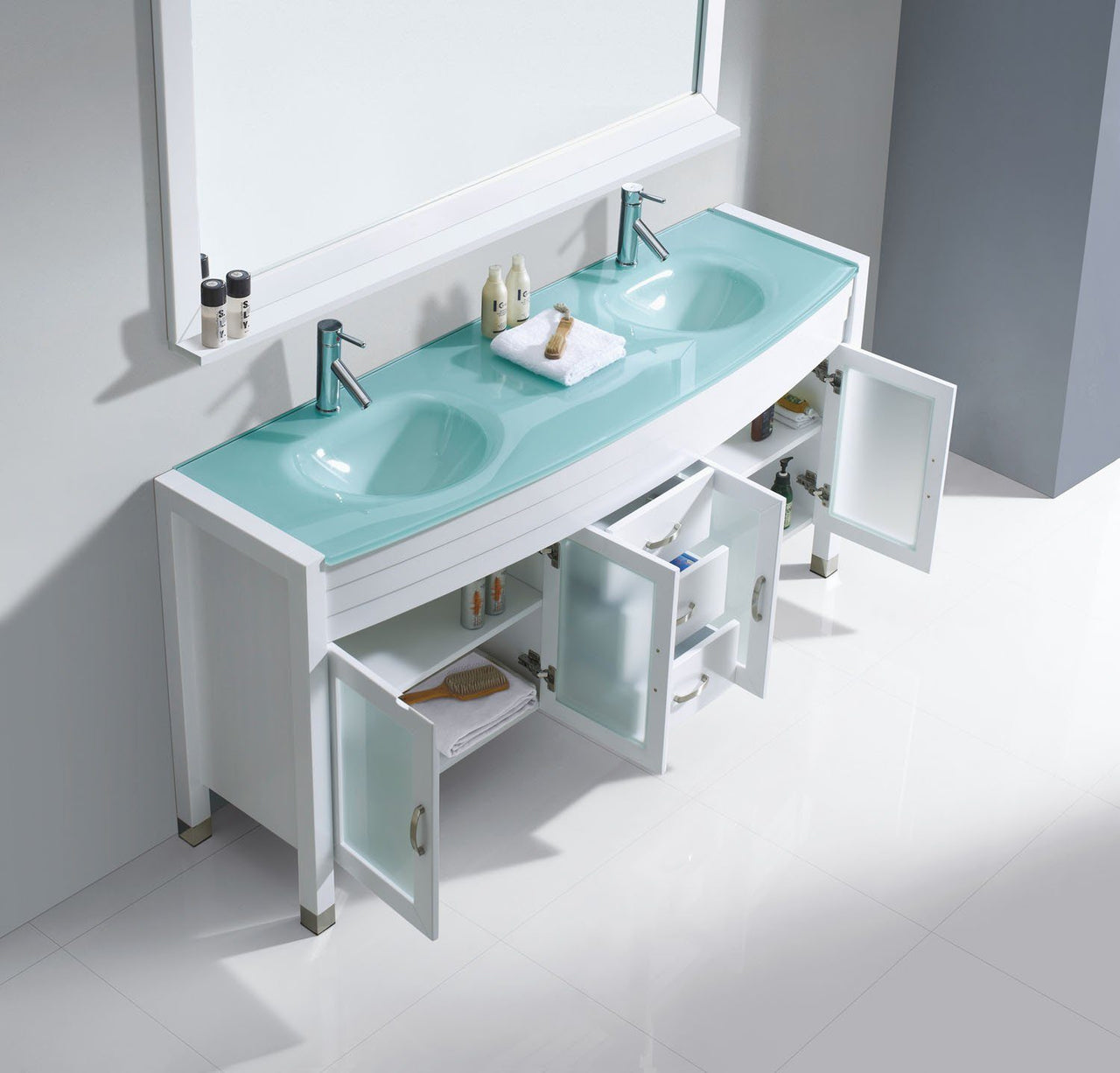 Virtu USA Ava 63" Double Round Sink White Top Vanity with Polished Chrome Faucet and Mirror Vanity Virtu USA 