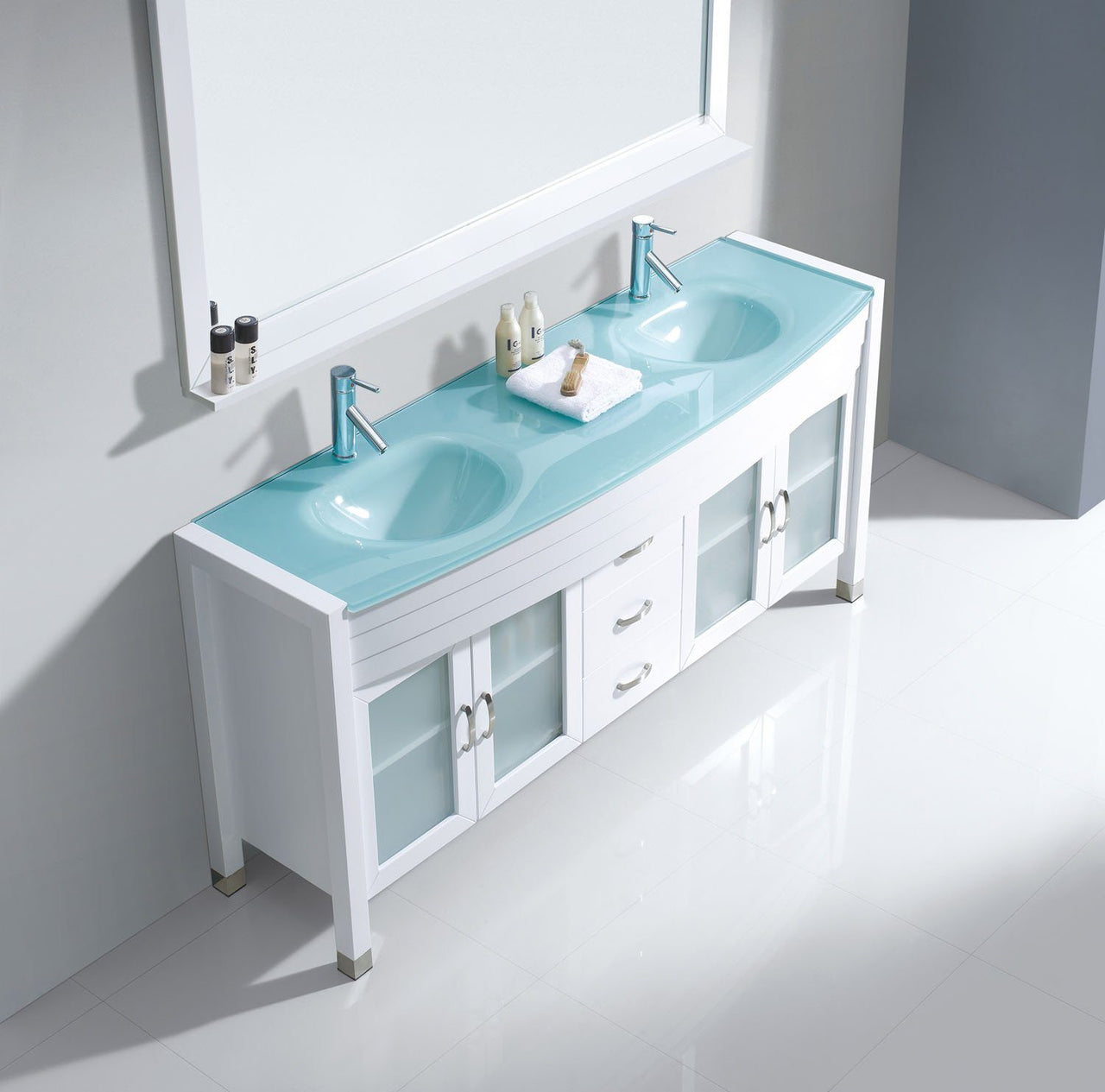Virtu USA Ava 63" Double Round Sink White Top Vanity in White with Brushed Nickel Faucet and Mirror Vanity Virtu USA 