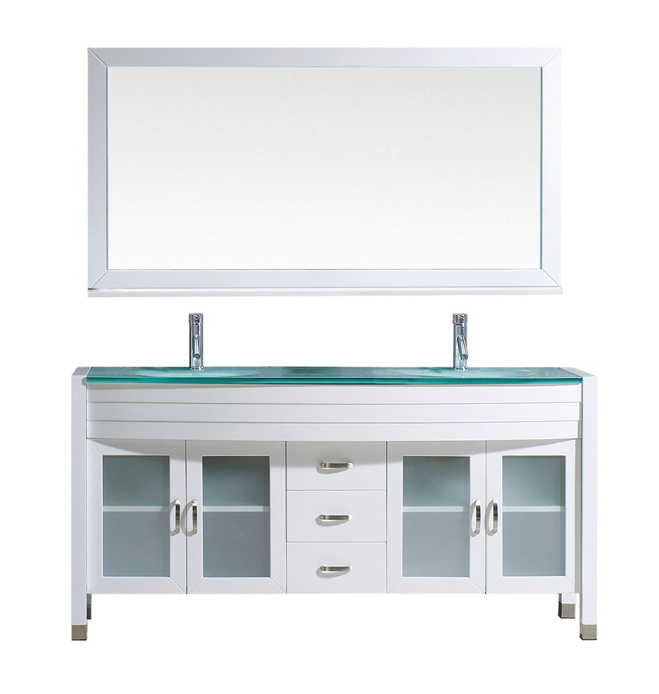 Virtu USA Ava 63" Double Round Sink White Top Vanity in White with Brushed Nickel Faucet and Mirror Vanity Virtu USA 