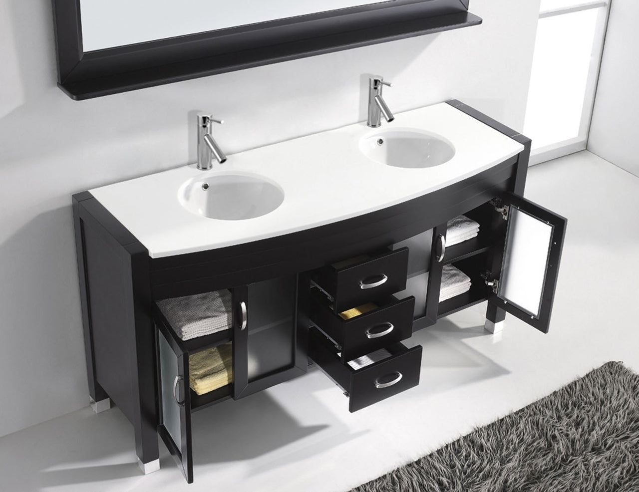 Virtu USA Ava 63" Double Round Sink Espresso Top Vanity with Polished Chrome Faucet and Mirror Vanity Virtu USA 