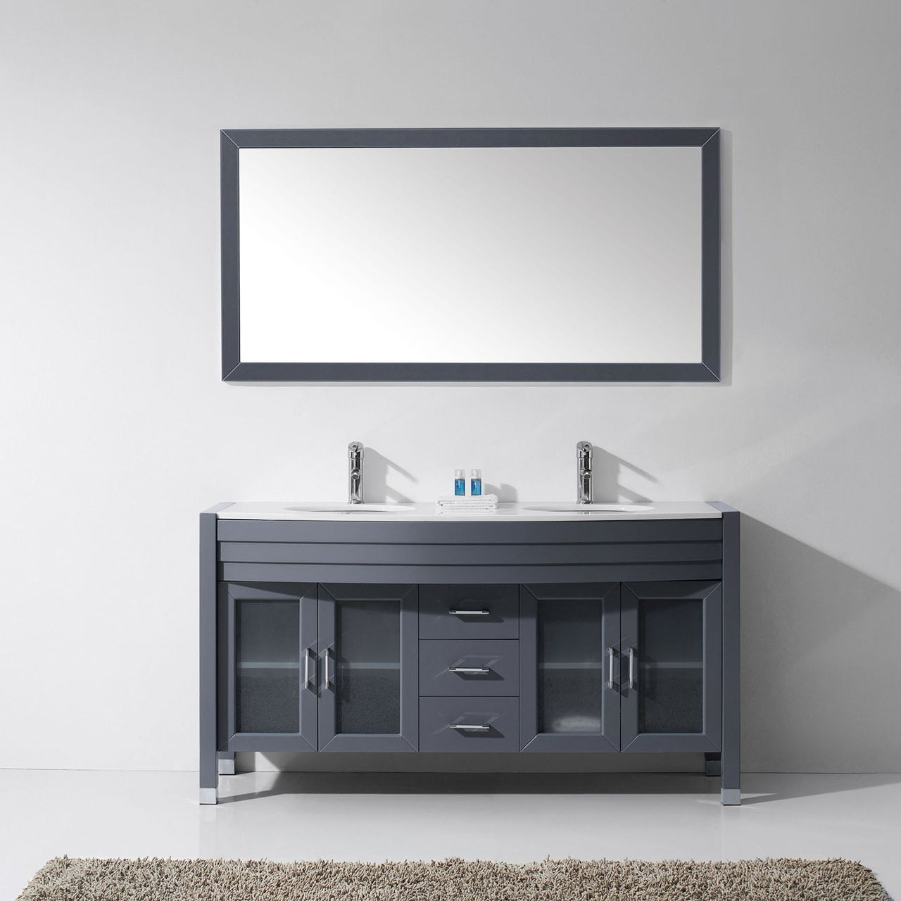 Virtu USA Ava 63" Double Round Sink Grey Top Vanity in Grey with Polished Chrome Faucet and Mirror Vanity Virtu USA 