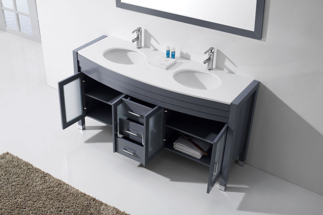 Virtu USA Ava 63" Double Round Sink Grey Top Vanity in Grey with Polished Chrome Faucet and Mirror Vanity Virtu USA 