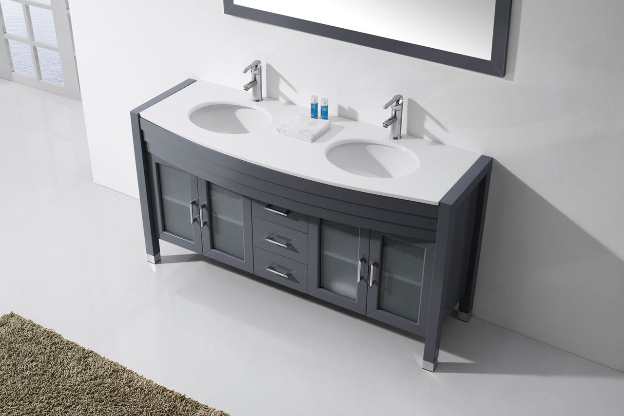 Virtu USA Ava 63" Double Round Sink Grey Top Vanity in Grey with Polished Chrome Faucet and Mirror Vanity Virtu USA 