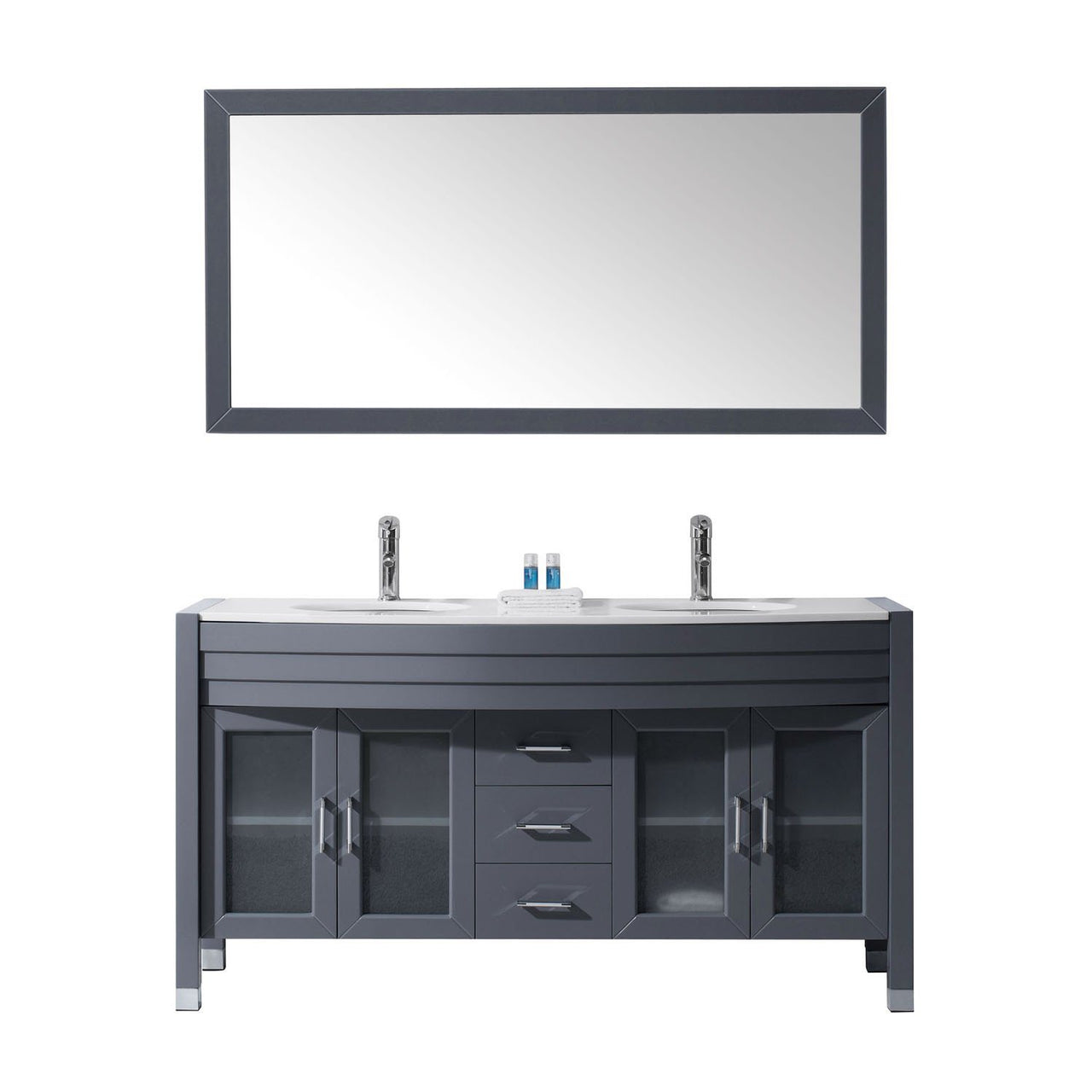 Virtu USA Ava 63" Double Round Sink Grey Top Vanity in Grey with Polished Chrome Faucet and Mirror Vanity Virtu USA 