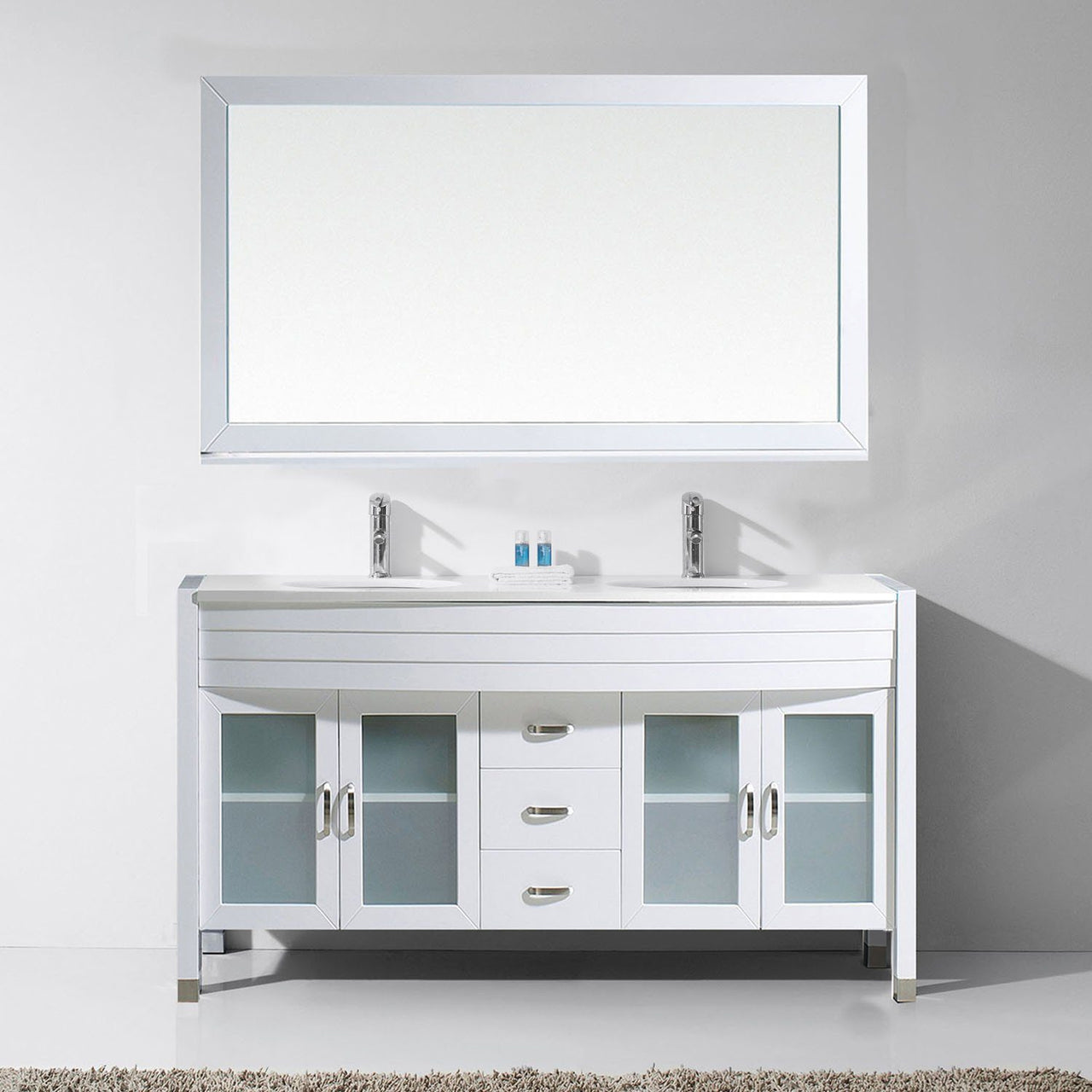 Virtu USA Ava 63" Double Round Sink White Top Vanity in White with Brushed Nickel Faucet and Mirror Vanity Virtu USA 