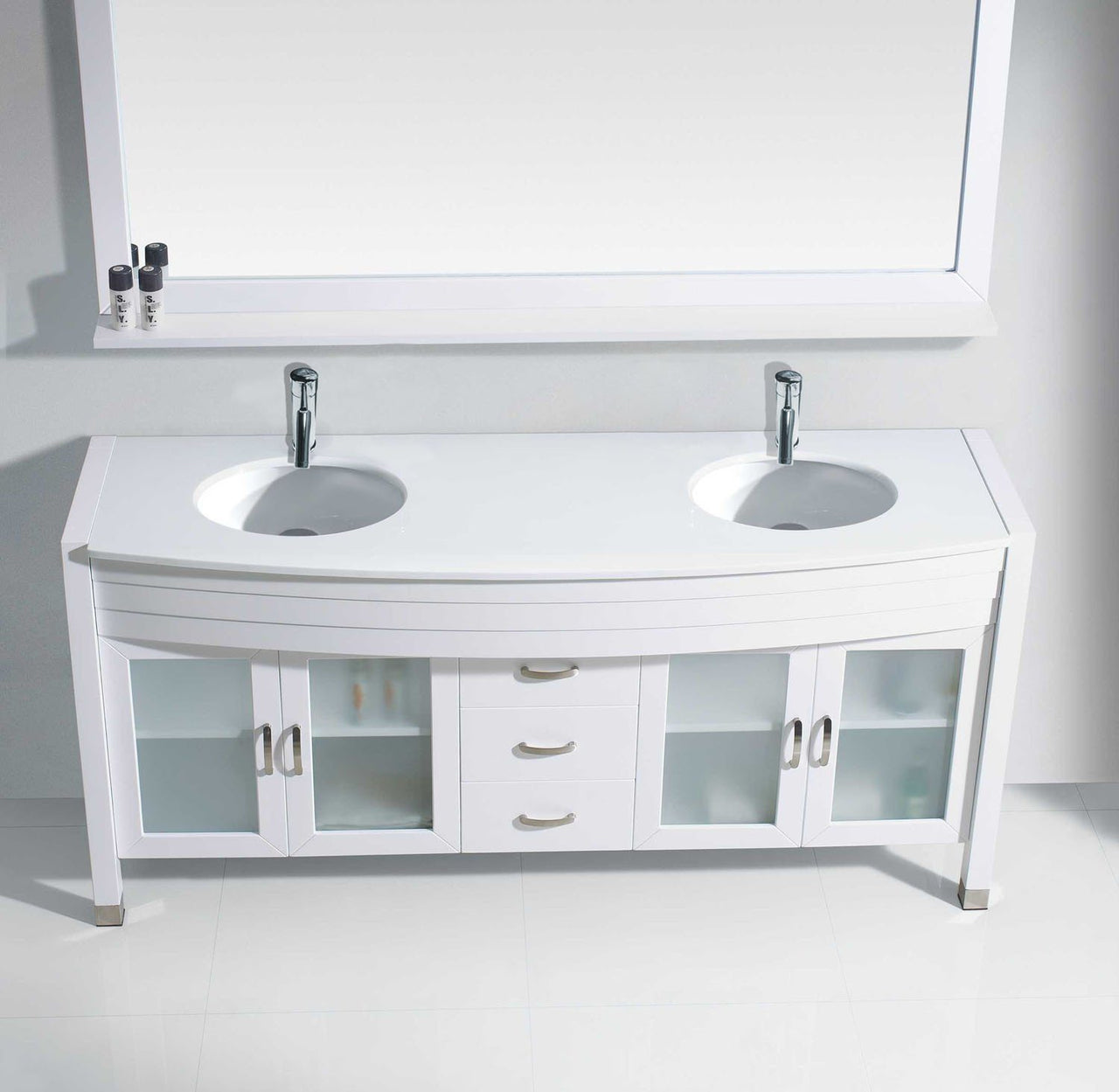 Virtu USA Ava 63" Double Round Sink White Top Vanity in White with Polished Chrome Faucet and Mirror Vanity Virtu USA 