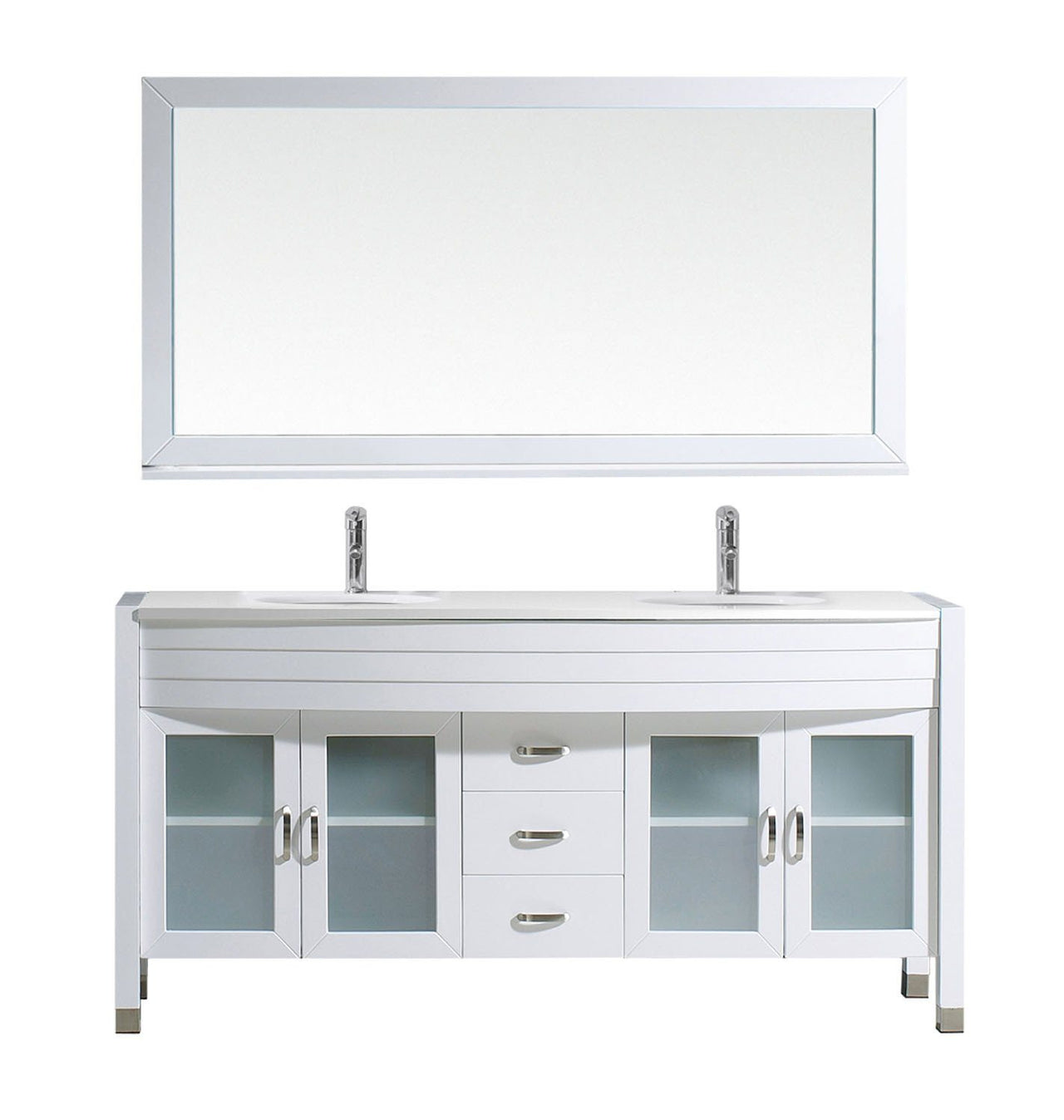 Virtu USA Ava 63" Double Round Sink White Top Vanity in White with Polished Chrome Faucet and Mirror Vanity Virtu USA 