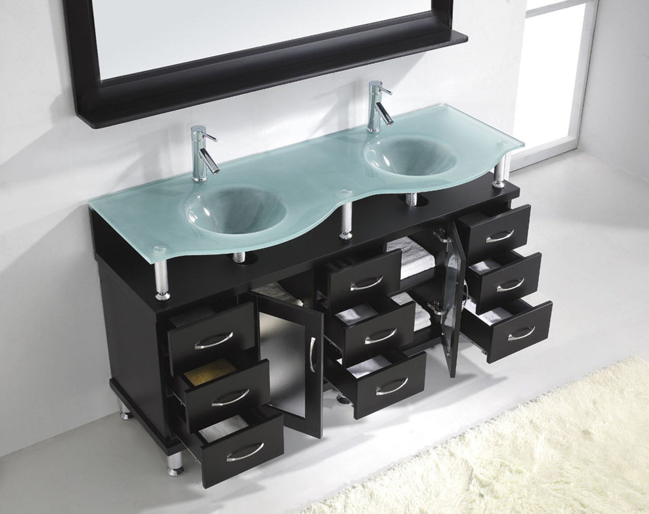 Virtu USA Vincente Rocco 59" Double Round Sink Espresso Top Vanity in Espresso with Polished Chrome Faucet and Mirror Vanity Virtu USA 