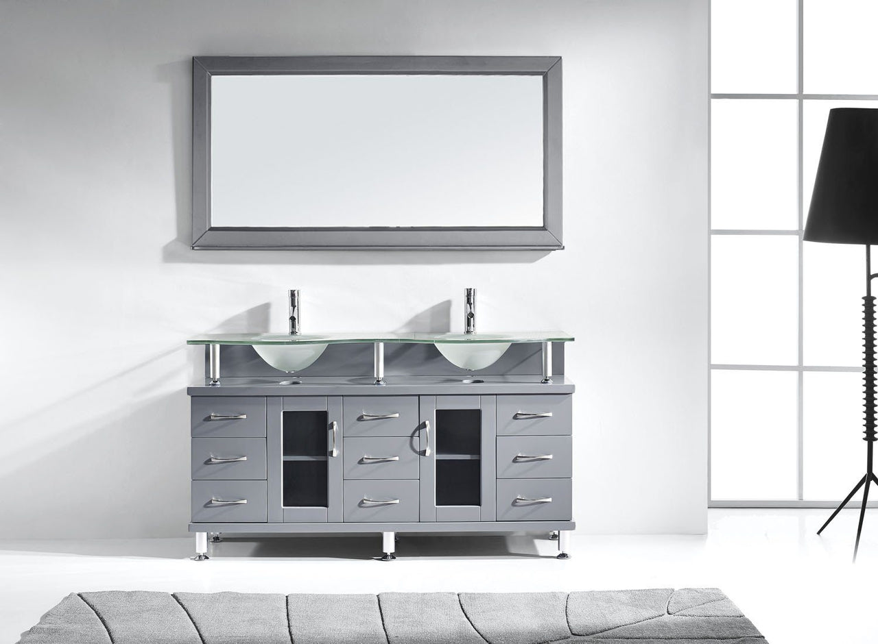 Virtu USA Vincente Rocco 59" Double Round Sink Grey Top Vanity with Brushed Nickel Faucet and Mirror Vanity Virtu USA 