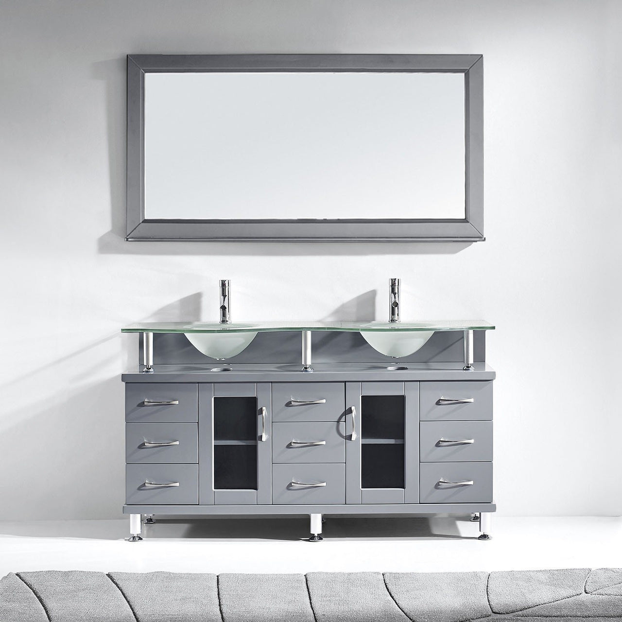 Virtu USA Vincente Rocco 59" Double Round Sink Grey Top Vanity in Grey with Polished Chrome Faucet and Mirror Vanity Virtu USA 