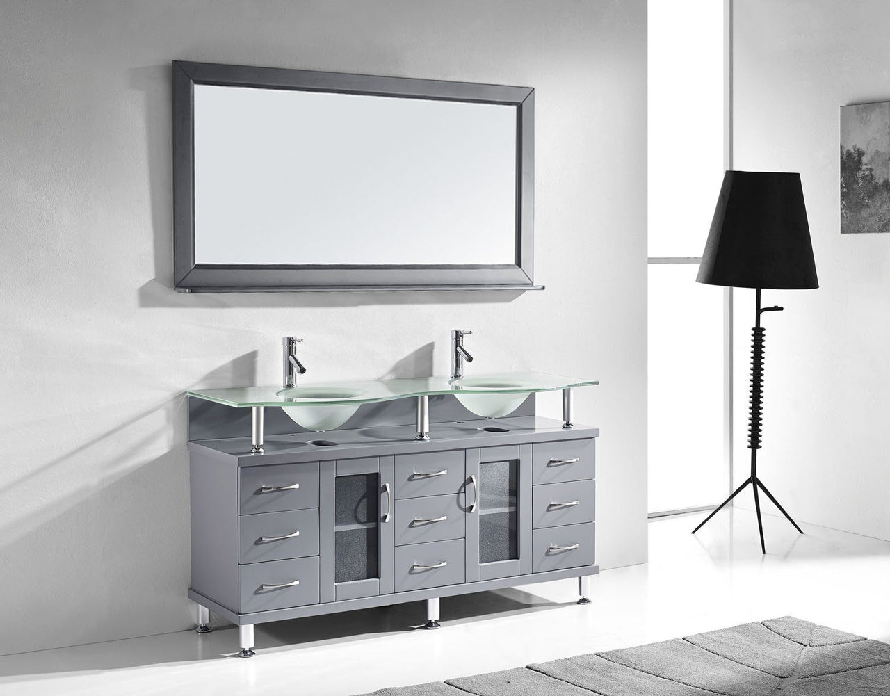 Virtu USA Vincente Rocco 59" Double Round Sink Grey Top Vanity with Brushed Nickel Faucet and Mirror Vanity Virtu USA 