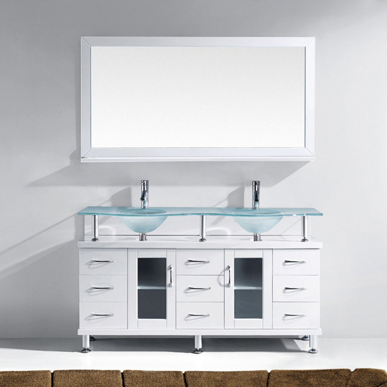 Virtu USA Vincente Rocco 59" Double Round Sink White Top Vanity with Brushed Nickel Faucet and Mirror Vanity Virtu USA 