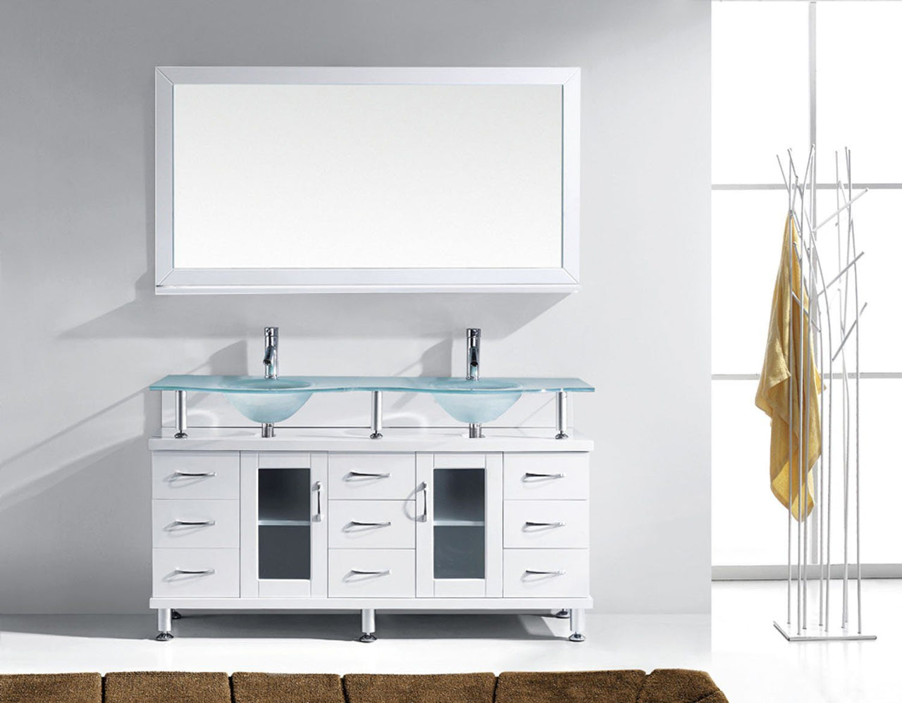 Virtu USA Vincente Rocco 59" Double Round Sink White Top Vanity with Brushed Nickel Faucet and Mirror Vanity Virtu USA 