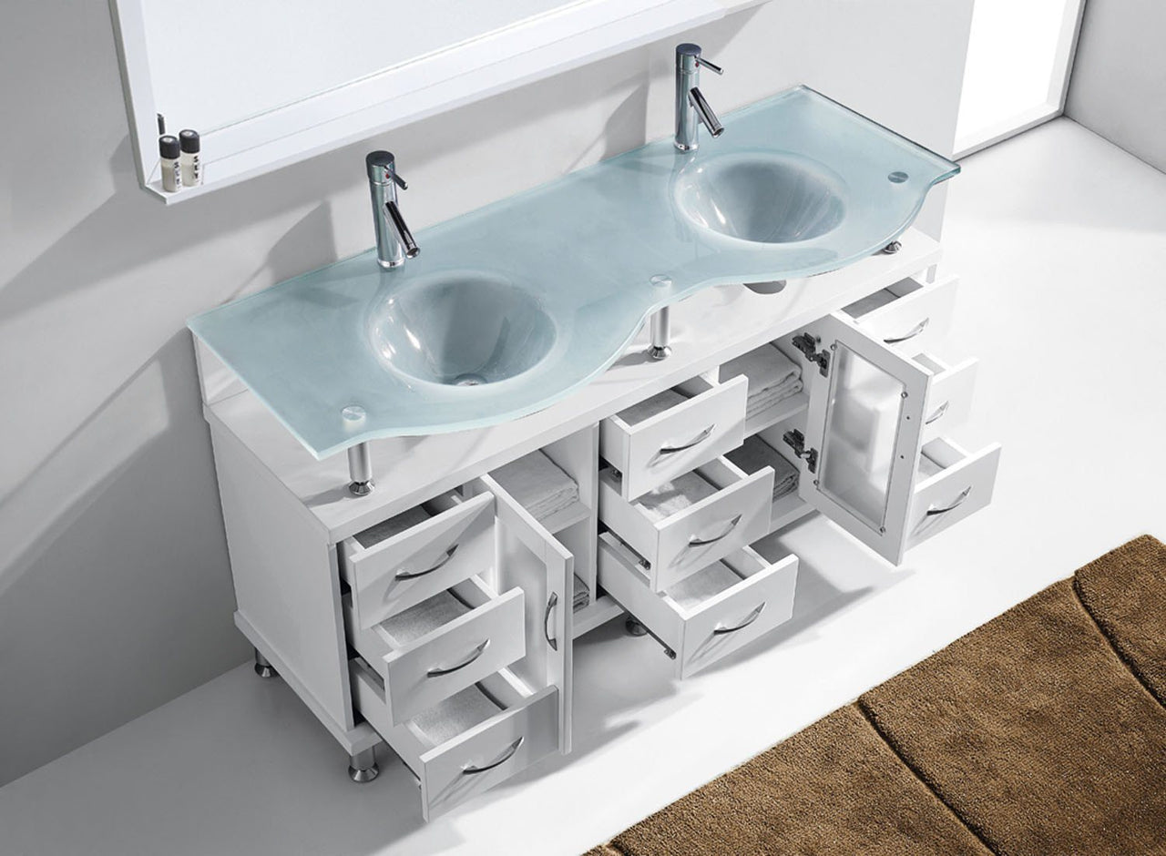 Virtu USA Vincente Rocco 59" Double Round Sink White Top Vanity with Brushed Nickel Faucet and Mirror Vanity Virtu USA 