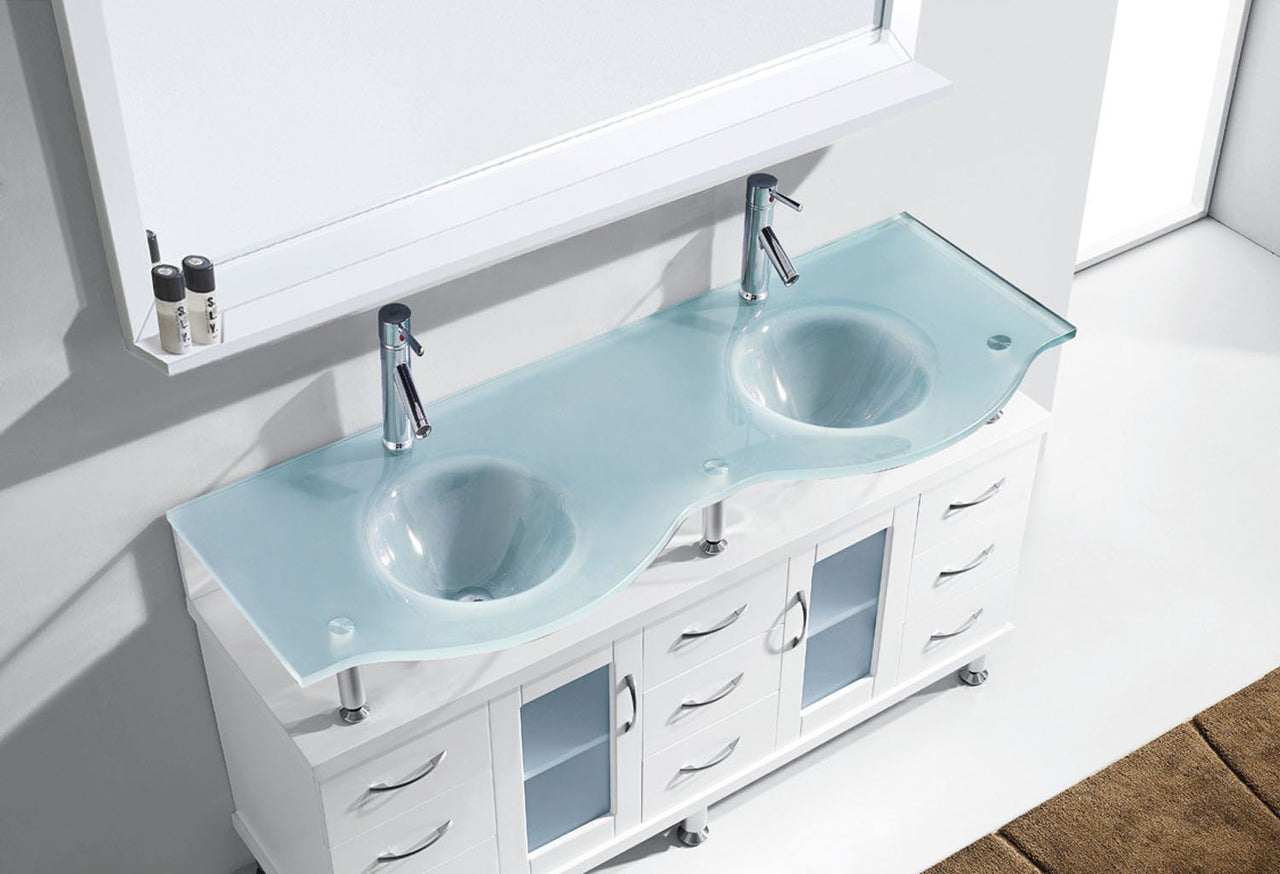 Virtu USA Vincente Rocco 59" Double Round Sink White Top Vanity with Brushed Nickel Faucet and Mirror Vanity Virtu USA 
