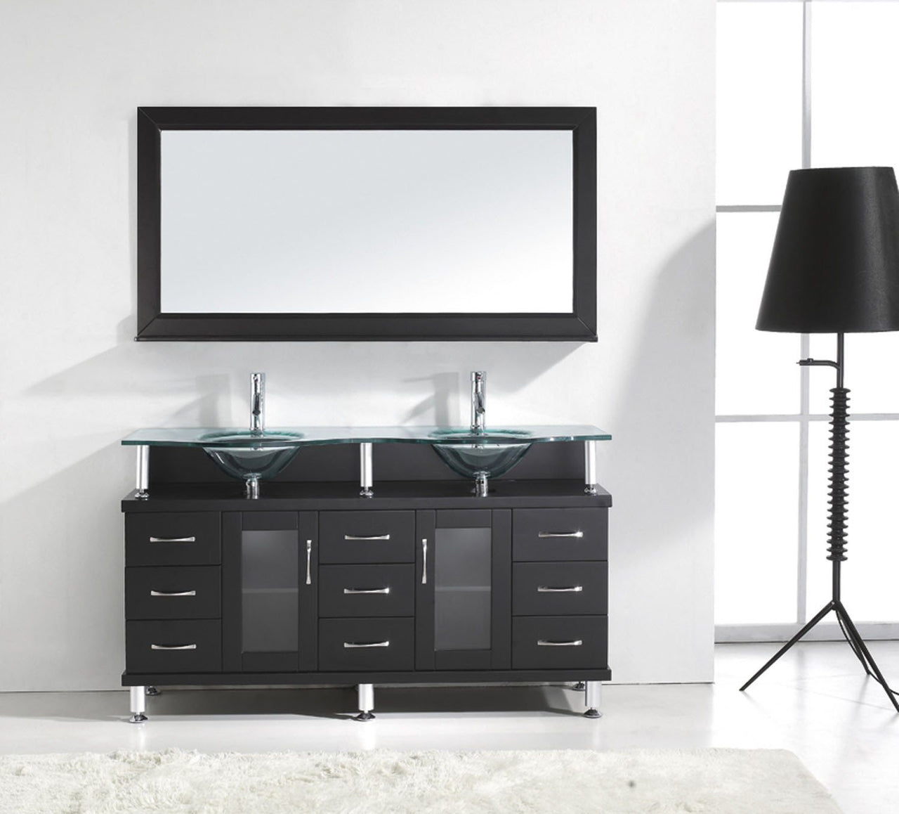Virtu USA Vincente Rocco 59" Double Round Sink Espresso Top Vanity with Polished Chrome Faucet and Mirror Vanity Virtu USA 