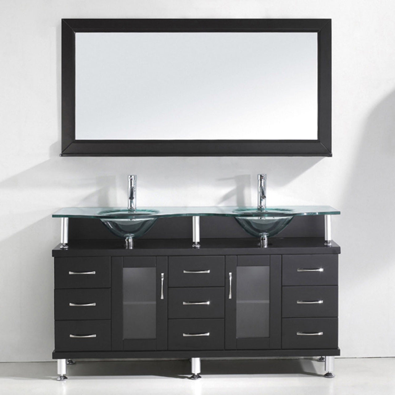 Virtu USA Vincente Rocco 59" Double Round Sink Espresso Top Vanity with Brushed Nickel Faucet and Mirror Vanity Virtu USA 