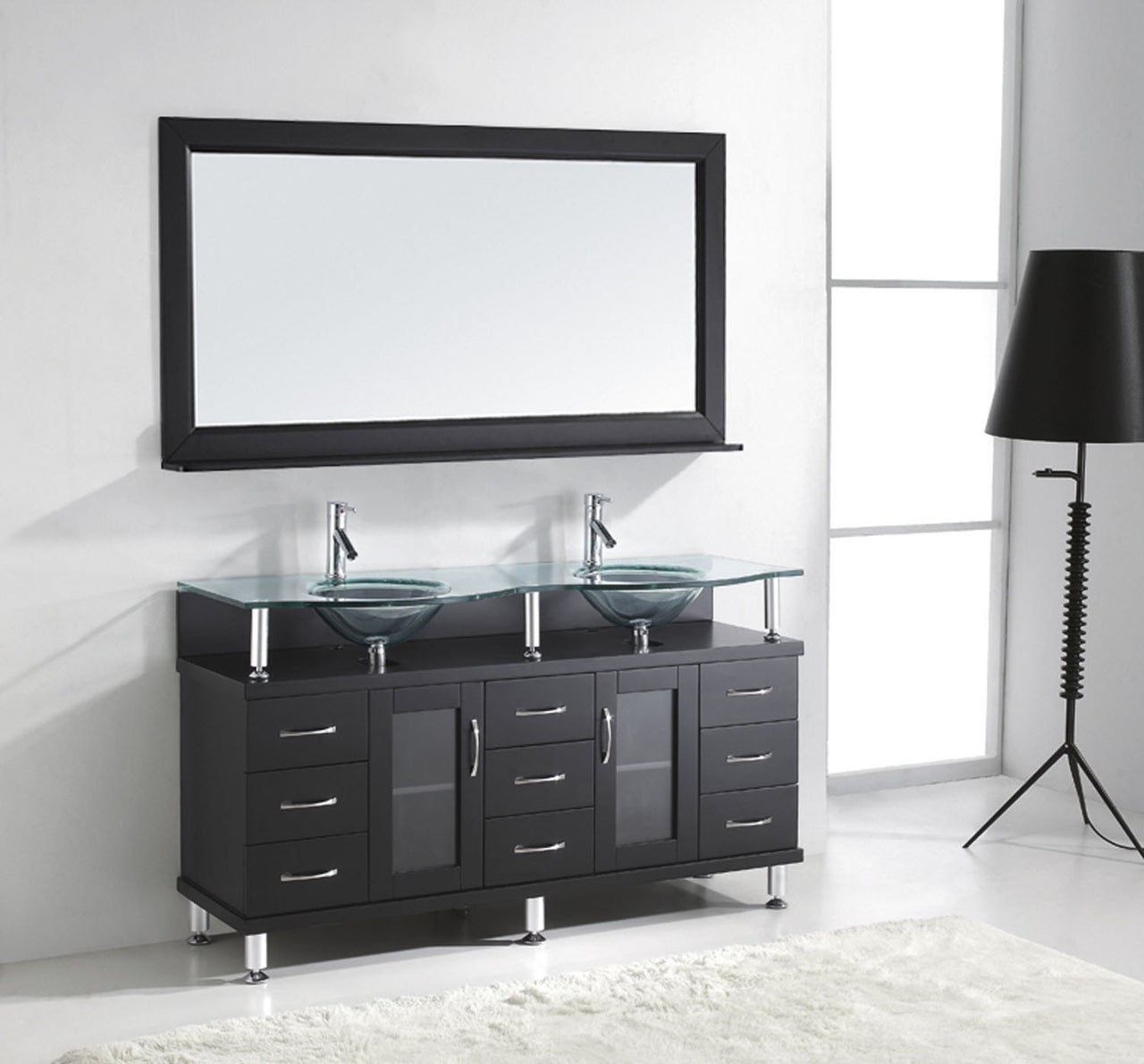 Virtu USA Vincente Rocco 59" Double Round Sink Espresso Top Vanity with Brushed Nickel Faucet and Mirror Vanity Virtu USA 