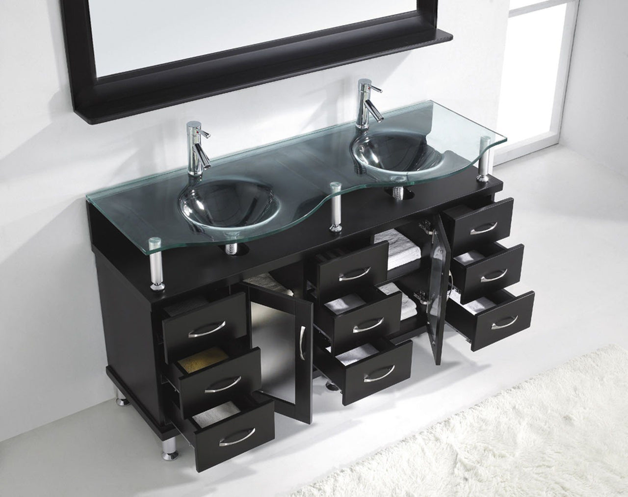 Virtu USA Vincente Rocco 59" Double Round Sink Espresso Top Vanity with Brushed Nickel Faucet and Mirror Vanity Virtu USA 
