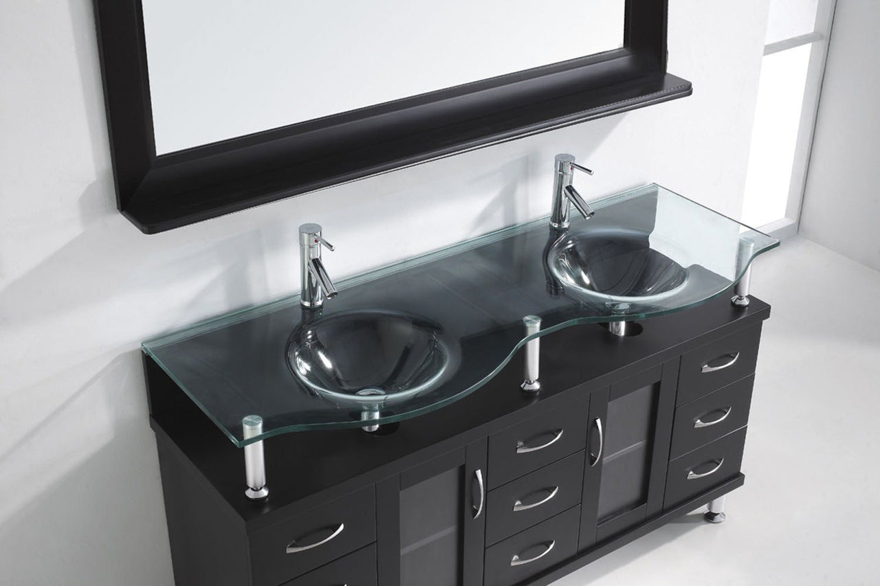 Virtu USA Vincente Rocco 59" Double Round Sink Espresso Top Vanity with Brushed Nickel Faucet and Mirror Vanity Virtu USA 
