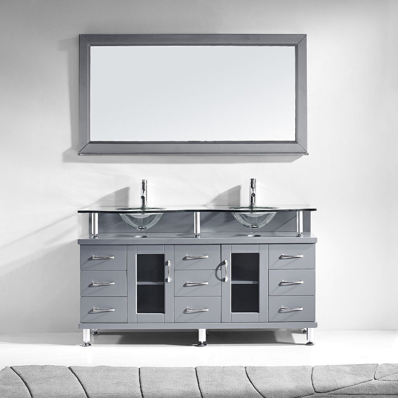 Virtu USA Vincente Rocco 59" Double Round Sink Grey Top Vanity in Grey with Brushed Nickel Faucet and Mirror Vanity Virtu USA 