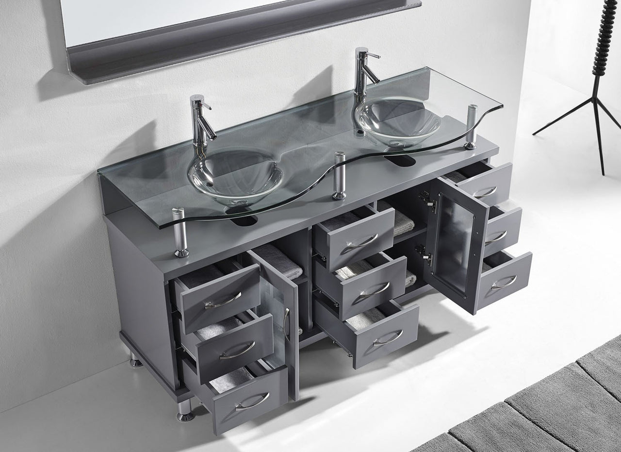 Virtu USA Vincente Rocco 59" Double Round Sink Grey Top Vanity in Grey with Polished Chrome Faucet and Mirror Vanity Virtu USA 