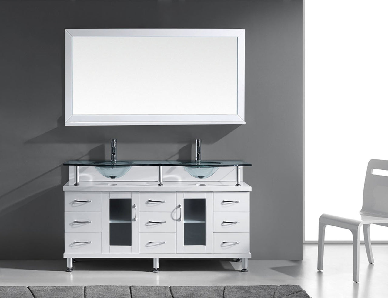 Virtu USA Vincente Rocco 59" Double Round Sink White Top Vanity in White with Polished Chrome Faucet and Mirror Vanity Virtu USA 