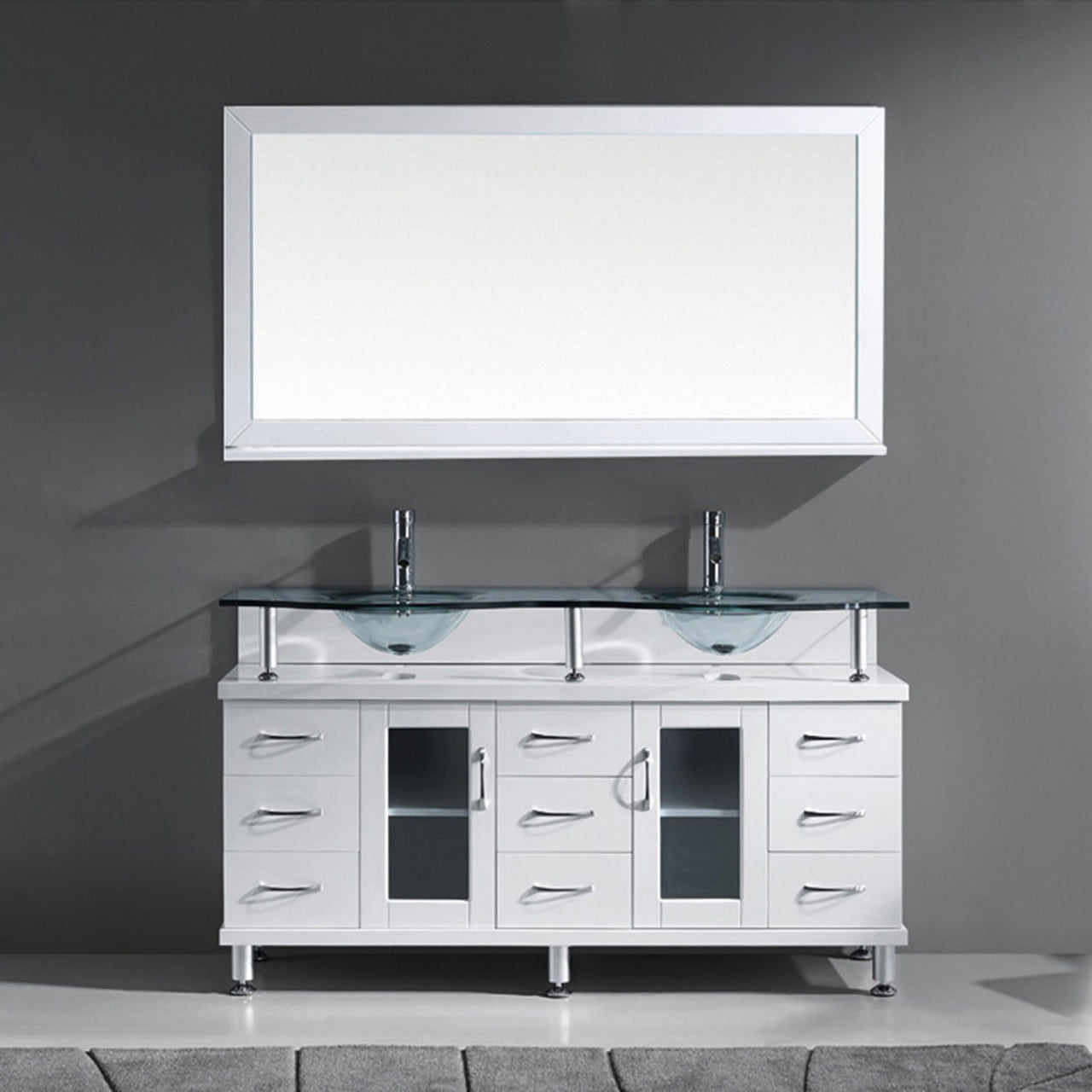 Virtu USA Vincente Rocco 59" Double Round Sink White Top Vanity in White with Polished Chrome Faucet and Mirror Vanity Virtu USA 