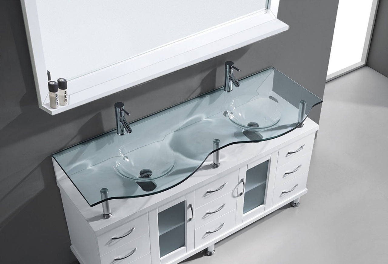 Virtu USA Vincente Rocco 59" Double Round Sink White Top Vanity in White with Polished Chrome Faucet and Mirror Vanity Virtu USA 