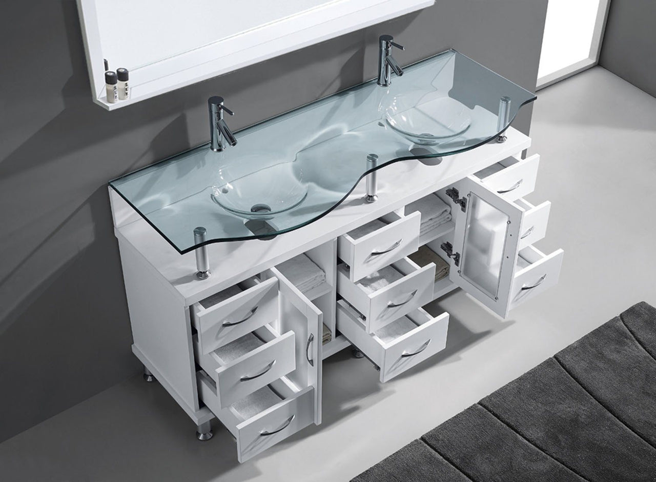 Virtu USA Vincente Rocco 59" Double Round Sink White Top Vanity in White with Polished Chrome Faucet and Mirror Vanity Virtu USA 
