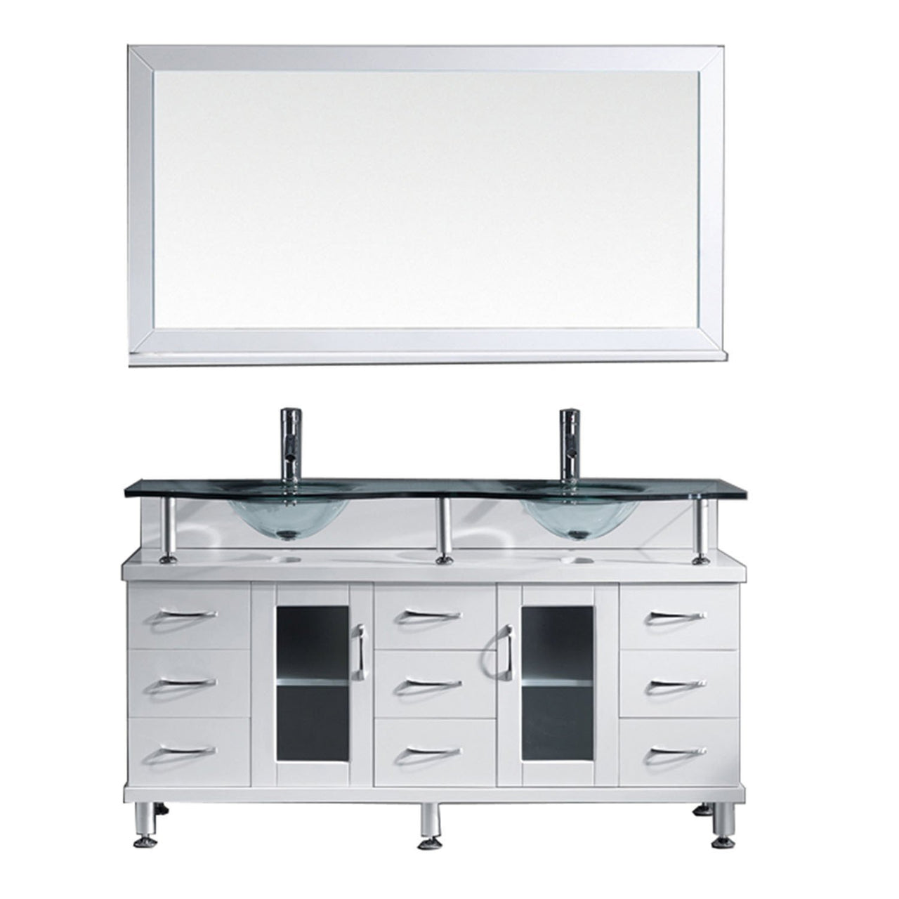 Virtu USA Vincente Rocco 59" Double Round Sink White Top Vanity in White with Polished Chrome Faucet and Mirror Vanity Virtu USA 