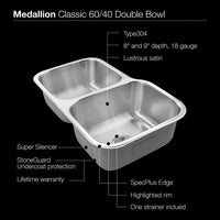 Thumbnail for Houzer Medallion Classic Series Undermount Stainless Steel 60/40 Double Bowl Kitchen Sink, Small Bowl Left Kitchen Sink - Undermount Houzer 