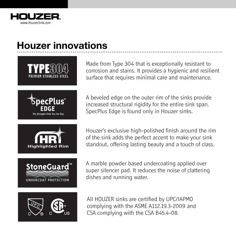 Houzer Medallion Classic Series Undermount Stainless Steel 60/40 Double Bowl Kitchen Sink, Small Bowl Left Kitchen Sink - Undermount Houzer 