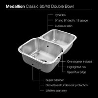 Thumbnail for Houzer Medallion Classic Series Undermount Stainless Steel 60/40 Double Bowl Kitchen Sink, Small Bowl Right Kitchen Sink - Undermount Houzer 