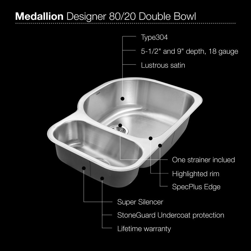Houzer Medallion Designer Series Undermount Stainless Steel 70/30 Double Bowl Kitchen Sink, Small Bowl Left Kitchen Sink - Undermount Houzer 