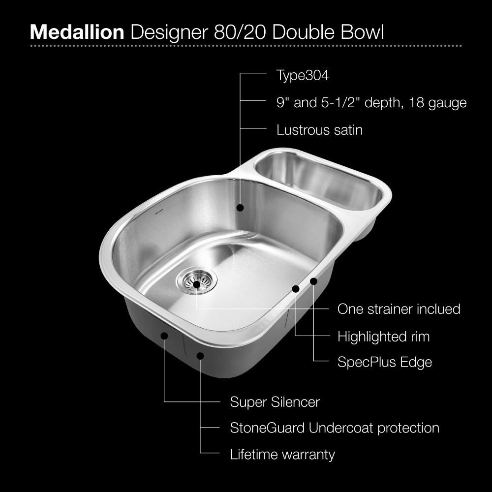 Houzer Medallion Designer Series Undermount Stainless Steel 70/30 Double Bowl Kitchen Sink, Small Bowl Right Kitchen Sink - Undermount Houzer 