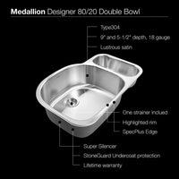 Thumbnail for Houzer Medallion Designer Series Undermount Stainless Steel 70/30 Double Bowl Kitchen Sink, Small Bowl Right Kitchen Sink - Undermount Houzer 