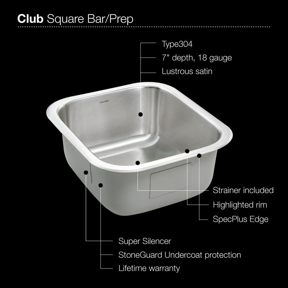 Houzer Club Series Undermount Stainless Steel Square Bowl Bar/Prep Sink Bar Sink - Undermount Houzer 