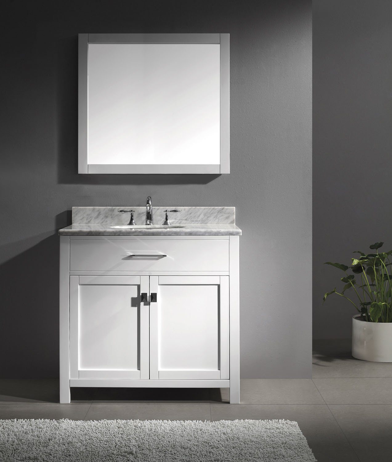 Virtu USA Caroline 36" Single Round Sink White Top Vanity in White with Mirror Vanity Virtu USA 
