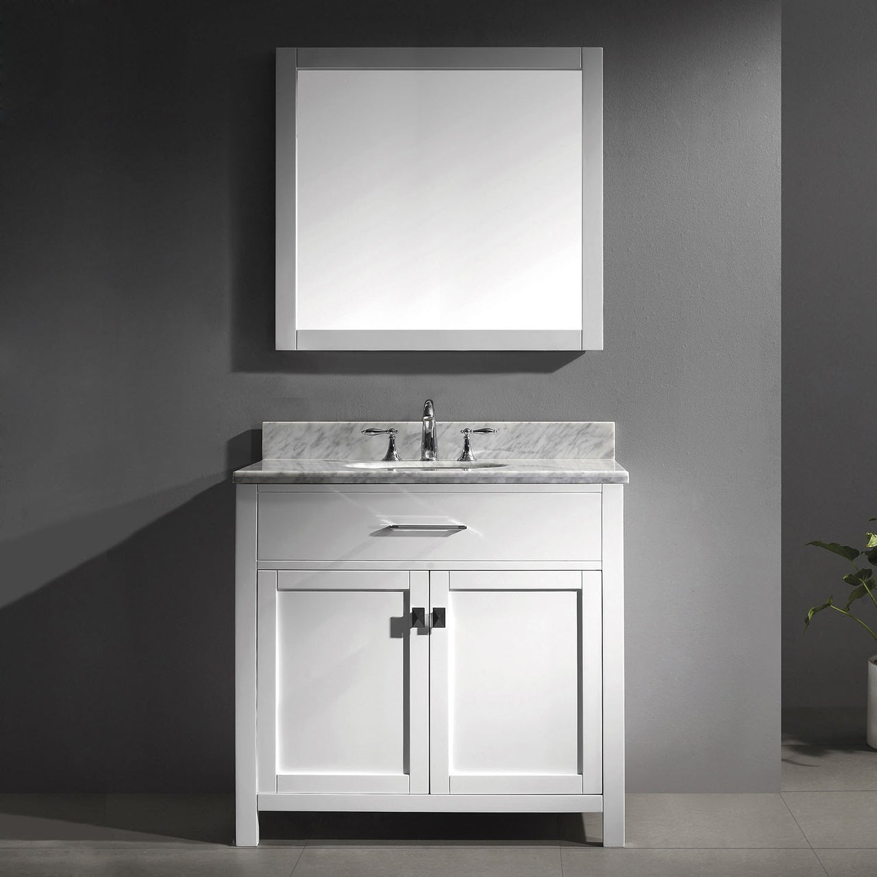 Virtu USA Caroline 36" Single Round Sink White Top Vanity in White with Mirror Vanity Virtu USA 