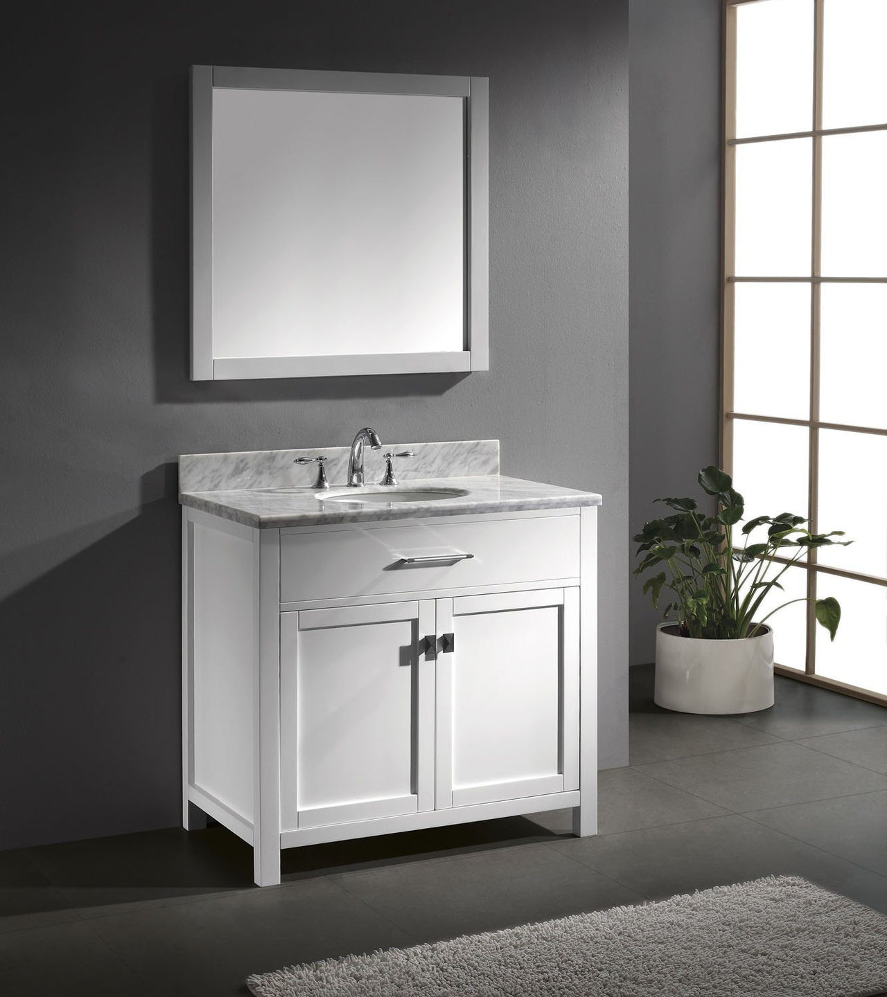 Virtu USA Caroline 36" Single Round Sink White Top Vanity in White with Mirror Vanity Virtu USA 