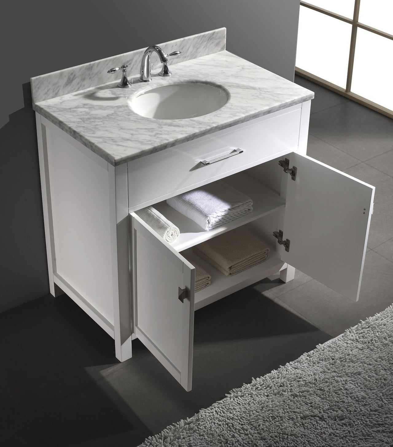Virtu USA Caroline 36" Single Round Sink White Top Vanity in White with Mirror Vanity Virtu USA 